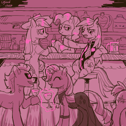 Size: 800x800 | Tagged: safe, artist:cyan-six, imported from derpibooru, applejack, pinkie pie, rainbow dash, rarity, earth pony, pegasus, pony, unicorn, the cutie re-mark, alcohol, alternate timeline, apocalypse dash, applejack's hat, bar, bar stool, beer, beer mug, clothes, cowboy hat, crystal war timeline, dress, eyes closed, female, glass, hat, latex leotard, leaning, magic, male, mare, monochrome, necktie, neo noir, partial color, scar, smiling, stallion, sunglasses, telekinesis, torn ear, wine glass