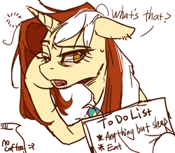 Size: 700x612 | Tagged: safe, artist:cyan-six, imported from derpibooru, oc, oc only, oc:white copper, pony, unicorn, floppy ears, hoof on cheek, leaning, ponysona, relatable, simple background, solo, tired, to-do list, white background