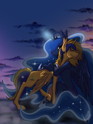 Size: 3000x4000 | Tagged: safe, artist:stirren, imported from derpibooru, princess luna, oc, oc only, oc:wartex shine, alicorn, pony, alicorn oc, horn, hug, night, solo, wings