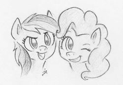 Size: 531x370 | Tagged: safe, artist:swiftcutter, imported from derpibooru, pinkie pie, rainbow dash, earth pony, pegasus, pony, bust, duo, female, grayscale, grin, mare, monochrome, one eye closed, open mouth, open smile, pencil drawing, smiling, traditional art, wink