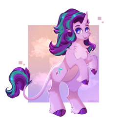 Size: 1680x1680 | Tagged: safe, artist:nyota71, imported from derpibooru, starlight glimmer, pony, unicorn, bipedal, cheek fluff, chest fluff, cloud, cloven hooves, curved horn, ear fluff, fluffy, horn, leonine tail, redesign, simple background, solo, unshorn fetlocks