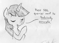 Size: 630x459 | Tagged: safe, artist:swiftcutter, imported from derpibooru, twilight sparkle, pony, unicorn, advice, eyes closed, female, grayscale, mare, monochrome, pencil drawing, solo, sql, talking, traditional art, unicorn twilight