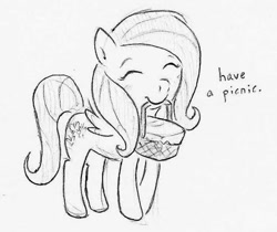 Size: 706x593 | Tagged: safe, artist:swiftcutter, imported from derpibooru, fluttershy, pegasus, pony, basket, eyes closed, female, grayscale, mare, monochrome, mouth hold, pencil drawing, picnic basket, smiling, solo, traditional art