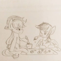 Size: 640x640 | Tagged: safe, artist:snowzaaah, imported from derpibooru, applejack, rainbow dash, earth pony, pegasus, pony, appledash, appledashdailydoodles, female, lesbian, monochrome, pencil drawing, shipping, sketch, traditional art