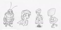 Size: 1280x628 | Tagged: safe, artist:swiftcutter, imported from derpibooru, rainbow dash, oc, anthro, cat, cockroach, insect, pegasus, pony, robot, chair, female, grayscale, mare, monochrome, non-mlp oc, pencil drawing, sketch, sketch dump, traditional art