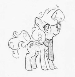 Size: 585x600 | Tagged: safe, artist:swiftcutter, imported from derpibooru, oc, oc only, oc:winter breeze, pony, unicorn, clothes, female, grayscale, mare, monochrome, pencil drawing, scarf, solo, swirly eyes, traditional art