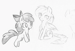 Size: 1000x680 | Tagged: safe, artist:swiftcutter, imported from derpibooru, apple bloom, rainbow dash, earth pony, pegasus, pony, blank flank, female, filly, grayscale, mare, monochrome, pencil drawing, sketch, traditional art