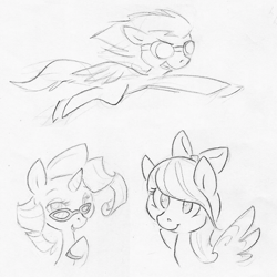 Size: 1000x1000 | Tagged: safe, artist:swiftcutter, imported from derpibooru, flitter, rarity, pegasus, pony, unicorn, bow, female, glasses, goggles, grayscale, hair bow, mare, monochrome, pencil drawing, rarity's glasses, sketch, sketch dump, traditional art, unknown pony