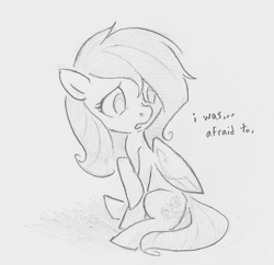 Size: 653x633 | Tagged: safe, artist:swiftcutter, imported from derpibooru, fluttershy, pegasus, pony, cute, daaaaaaaaaaaw, female, grayscale, mare, monochrome, pencil drawing, scared, shyabetes, sitting, solo, traditional art