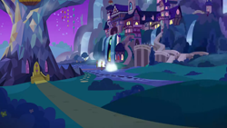 Size: 1280x720 | Tagged: safe, imported from derpibooru, screencap, season 9, student counsel, spoiler:s09, background, night, no pony, ponyville, scenic ponyville, school of friendship, twilight's castle, waterfall