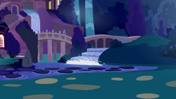 Size: 1280x720 | Tagged: safe, imported from derpibooru, screencap, season 9, student counsel, spoiler:s09, background, night, no pony, scenic ponyville, school of friendship, waterfall