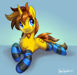 Size: 2058x2000 | Tagged: safe, artist:jedayskayvoker, imported from derpibooru, oc, oc only, oc:ethanater, pony, unicorn, beard, clothes, facial hair, facial markings, gradient background, high res, horn, lying down, male, prone, smiling, socks, solo, stallion, striped socks, unicorn oc