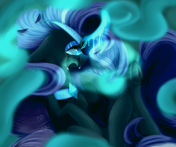 Size: 2683x2236 | Tagged: safe, artist:slipperysnek21, imported from derpibooru, nightmare rarity, pony, blue eyes, colored pupils, crown, crying, digital art, eyelashes, female, flowing mane, flowing tail, glow, glowing, high res, horn, jewelry, long horn, necklace, purple mane, purple tail, regalia, sad, signature, solo, speedpaint, tail