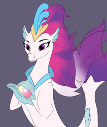 Size: 1280x1517 | Tagged: safe, artist:nutmeg04, imported from derpibooru, queen novo, seapony (g4), my little pony: the movie, collar, crown, dorsal fin, eyelashes, female, fin wings, fins, flowing tail, gray background, jewelry, orb, purple eyes, purple tail, purple wings, queen novo's orb, regalia, simple background, smiling, solo, tail, wings, wip