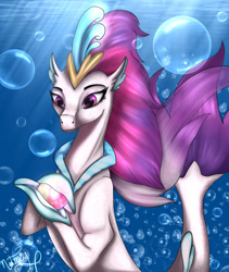 Size: 1280x1517 | Tagged: safe, artist:nutmeg04, imported from derpibooru, queen novo, seapony (g4), my little pony: the movie, bioluminescent, bubble, collar, colored pupils, crepuscular rays, crown, dorsal fin, eyelashes, female, fin wings, fins, flowing tail, glow, glowing, glowing orb, jewelry, ocean, orb, purple eyes, purple mane, purple tail, purple wings, queen novo's orb, regalia, signature, smiling, solo, sunlight, swimming, tail, underwater, water, wings