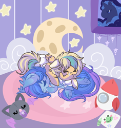 Size: 2640x2800 | Tagged: safe, artist:starlightlore, imported from derpibooru, princess luna, oc, oc only, oc:astral flare, oc:sun light, bat pony, frog, pegasus, bat pony oc, bat wings, bedroom, cute, diaper, duo, female, filly, foal, high res, hoof sucking, moon, pegasus oc, plushie, rocket, rug, stars, weapons-grade cute, wings