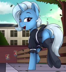 Size: 2894x3129 | Tagged: safe, artist:felixf, imported from derpibooru, trixie, pony, unicorn, butt, clothes, cute, diatrixes, featureless crotch, female, high res, horn, looking at you, mare, obey, plot, running, school uniform, schoolgirl, skirt, smiling, smiling at you, socks, solo, stockings, the great and powerful ass, thigh highs, underhoof