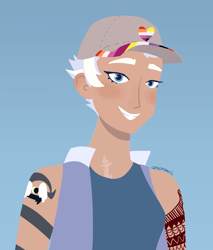 Size: 2000x2347 | Tagged: safe, artist:catachromatic, imported from derpibooru, night glider, human, baseball cap, blue background, blushing, cap, clothes, female, grin, hat, high res, humanized, lesbian, lesbian pride flag, nonbinary, nonbinary pride flag, pride, pride flag, scar, simple background, smiling, solo, tanktop, tattoo, vest