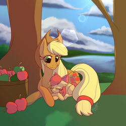 Size: 640x640 | Tagged: safe, artist:sofua, imported from derpibooru, apple bloom, applejack, earth pony, pony, apple, bow, cowboy hat, female, filly, food, hair bow, hat, lens flare, mare, siblings, sisters, sleeping, tree