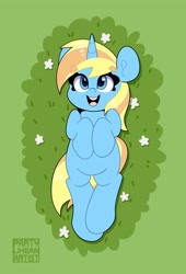 Size: 2726x4000 | Tagged: safe, artist:partylikeanartist, imported from derpibooru, oc, oc only, oc:skydreams, pony, unicorn, female, flower, grass, looking at you, lying down, mare, raffle prize