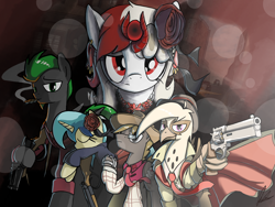 Size: 4000x3000 | Tagged: safe, artist:flaremoon, imported from derpibooru, oc, oc:flare-moon, oc:mercury haze, oc:razlad, oc:trestle, oc:villainshima, earth pony, griffon, pegasus, pony, unicorn, brass knuckles, cigar, clothes, griffon oc, gun, handgun, hat, jewelry, mafia, revolver, shotgun, weapon