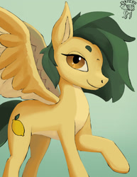 Size: 900x1165 | Tagged: safe, artist:warskunk, imported from derpibooru, oc, oc only, pegasus, pony, female, green background, looking at you, mare, pegasus oc, raised hoof, simple background, smiling, smiling at you, solo, wings