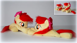 Size: 3265x1837 | Tagged: safe, artist:lavim, imported from derpibooru, apple bloom, earth pony, pony, adorabloom, cute, female, filly, irl, lying down, photo, plushie, prone, solo