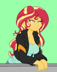 Size: 1032x1296 | Tagged: safe, artist:reiduran, color edit, edit, imported from derpibooru, sunset shimmer, human, equestria girls, breasts, busty sunset shimmer, clothes, colored, female, green background, simple background, solo