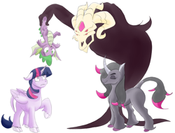 Size: 2500x1900 | Tagged: safe, artist:heartbeat420, imported from derpibooru, fhtng th§ ¿nsp§kbl, oleander, spike, twilight sparkle, alicorn, classical unicorn, demon, dragon, pony, unicorn, them's fightin' herds, cloven hooves, community related, crossover, eyes closed, female, holding, holding a dragon, holding leg, leonine tail, looking at each other, looking up, male, oleander (tfh), open mouth, simple background, smug, twilight sparkle (alicorn), unshorn fetlocks, white background, winged spike, wings