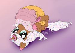 Size: 3508x2480 | Tagged: safe, artist:reminic, imported from derpibooru, oc, oc:donut daydream, pony, unicorn, commission, cupcake, cute, cutie mark, donut, food, high res, hugging a pillow, munching, pillow hug, playful, plushie, solo