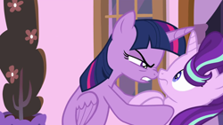 Size: 1366x768 | Tagged: safe, imported from ponybooru, screencap, starlight glimmer, twilight sparkle, alicorn, pony, unicorn, a royal problem, animated, animated at source, boop, cheek squish, cute, duo, female, glimmerbetes, hug, looking at each other, mare, mood whiplash, nose wrinkle, noseboop, proud, sound, squishy cheeks, tell me everything, twiabetes, twilight sparkle (alicorn), webm