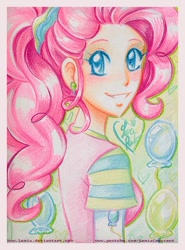 Size: 540x731 | Tagged: safe, artist:lemiacrescent, imported from derpibooru, pinkie pie, human, balloon, blue eyes, clothes, curly hair, deviantart, ear piercing, earring, grin, humanized, jewelry, piercing, pink hair, pink shirt, shirt, smiling, sweater