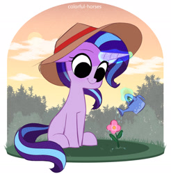 Size: 2048x2084 | Tagged: safe, artist:syrupyyy, imported from derpibooru, starlight glimmer, pony, unicorn, :t, cute, flower, glimmerbetes, glowing horn, hat, horn, levitation, looking at something, magic, sitting, smiling, solo, telekinesis, watering, watering can