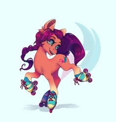 Size: 1788x1887 | Tagged: safe, artist:_psiionix_, imported from derpibooru, sunny starscout, earth pony, pony, cutie mark background, female, g5, mare, roller skates, rollerblades, skates, solo