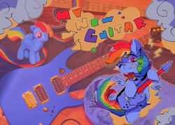 Size: 1800x1287 | Tagged: safe, artist:lexiedraw, imported from derpibooru, rainbow dash, pony, bass guitar, cable, cloud, female, floor, grin, guitar, guitar case, guitar pick, irl, mare, musical instrument, on the floor, one eye closed, photo, plushie, smiling, solo