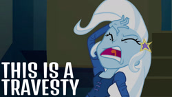 Size: 1280x720 | Tagged: safe, edit, edited screencap, editor:quoterific, imported from derpibooru, screencap, trixie, equestria girls, rainbow rocks, eyes closed, female, hairpin, open mouth, reaction image, solo, text