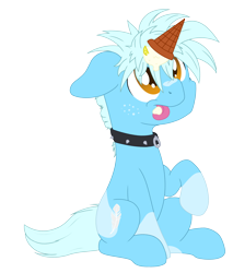 Size: 3400x4000 | Tagged: safe, artist:djdavid98, imported from derpibooru, oc, oc only, oc:rin (wildbatpony), earth pony, pony, amber eyes, blue coat, coat markings, collar, colored pupils, dark background, floppy ears, food, freckles, ice cream, ice cream cone, ice cream horn, lemon, looking up, male, raised leg, simple background, sitting, socks (coat markings), solo, spiked collar, spiky mane, tongue out, transparent background, ych result