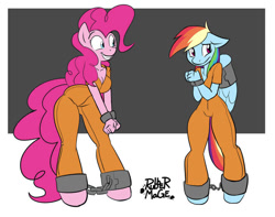 Size: 800x630 | Tagged: safe, artist:rubbermage, imported from derpibooru, pinkie pie, rainbow dash, anthro, earth pony, pegasus, unguligrade anthro, ankle chain, bondage, bound wings, clothes, cuffs, duo, excited, grin, prison outfit, prisoner pp, prisoner rd, shackles, smiling, wing cuffs, wings