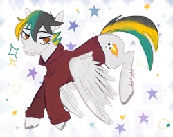 Size: 1879x1491 | Tagged: safe, artist:hotots, imported from derpibooru, oc, oc only, oc:lundashy, pegasus, pony, abstract background, clothes, fangs, male, multicolored mane, multicolored tail, signature, solo, solo male, spread wings, stallion, unshorn fetlocks, wings