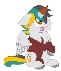 Size: 3400x4000 | Tagged: safe, artist:djdavid98, imported from derpibooru, oc, oc only, oc:lundashy, pegasus, pony, brown eyes, clothes, fangs, floppy ears, food, gray coat, ice cream, ice cream cone, ice cream horn, looking up, male, raised leg, simple background, sitting, solo, spread wings, tongue out, transparent background, unshorn fetlocks, wings, ych result