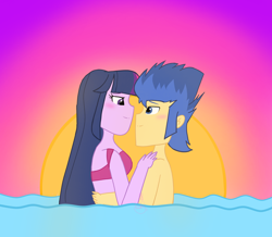 Size: 2448x2132 | Tagged: safe, artist:egtwiflash, imported from derpibooru, flash sentry, twilight sparkle, equestria girls, bare chest, beach, bikini, blushing, clothes, female, flashlight, high res, looking at each other, male, romance, shipping, straight, sunset, swimming, swimsuit, topless