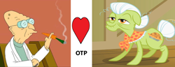 Size: 1854x710 | Tagged: safe, imported from derpibooru, granny smith, carrot, crack shipping, crossover, crossover shipping, farnsworth, food, futurama, meme, meta, otp, shipping, smoking