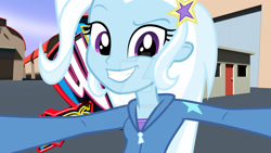 Size: 1600x900 | Tagged: safe, artist:jhughestv2, imported from derpibooru, trixie, equestria girls, rainbow rocks, kids' wb, photobombing trixie