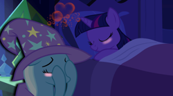 Size: 878x493 | Tagged: safe, artist:14oliverhedgehog, imported from derpibooru, trixie, twilight sparkle, pony, unicorn, alternate universe, blushing, covering face, eyes closed, female, floating heart, heart, lesbian, shipping, sleeping, smiling, twixie