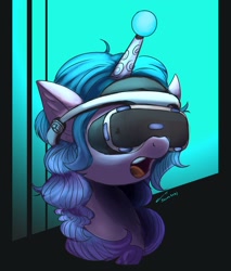 Size: 1632x1920 | Tagged: safe, artist:buckweiser, imported from derpibooru, izzy moonbow, pony, unicorn, ball, cute, female, g5, horn, hornball, izzy's tennis ball, izzybetes, mare, open mouth, playstation, solo, tennis ball, virtual reality, vr headset