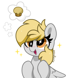 Size: 996x1075 | Tagged: safe, artist:kittyrosie, imported from derpibooru, derpy hooves, pegasus, pony, blushing, cute, derpabetes, food, muffin, open mouth, simple background, solo, sparkles, that pony sure does love muffins, thought bubble, white background, wingding eyes