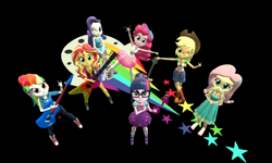 Size: 5120x3072 | Tagged: safe, artist:n3onh100, imported from derpibooru, applejack, fluttershy, pinkie pie, rainbow dash, rarity, sci-twi, sunset shimmer, twilight sparkle, equestria girls, 3d, bass guitar, black background, devil horn (gesture), drumsticks, gmod, guitar, humane five, humane seven, humane six, keytar, looking at you, looking up, looking up at you, musical instrument, one eye closed, simple background, tambourine, the rainbooms, wink