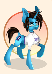 Size: 2894x4093 | Tagged: safe, artist:violettsun, imported from derpibooru, pony, unicorn, clothes, commission, geoff wigington, horn, male, nose piercing, piercing, ponified, raised leg, shirt, simple background, solo, stallion, t-shirt, waterparks, ych result