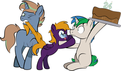 Size: 1920x1124 | Tagged: safe, artist:alexdti, imported from derpibooru, oc, oc only, oc:brainstorm (alexdti), oc:marco, oc:purple creativity, oc:star logic, oc:umberto, pegasus, pony, unicorn, 24, bipedal, cake, food, glasses, rearing, simple background, starry eyes, tail, tail pull, tongue out, transparent background, wingding eyes