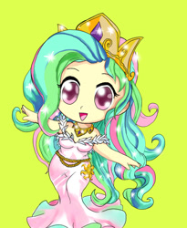 Size: 655x800 | Tagged: safe, artist:a.s.e, imported from derpibooru, princess celestia, human, chibi, clothes, crown, dress, female, humanized, jewelry, regalia, simple background, solo, solo female, tiara, yellow background